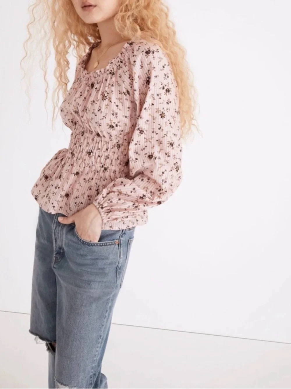 MADEWELL Sophia Floral Smocked Peplum Blouse Pink Long Sleeve Top Size XXS